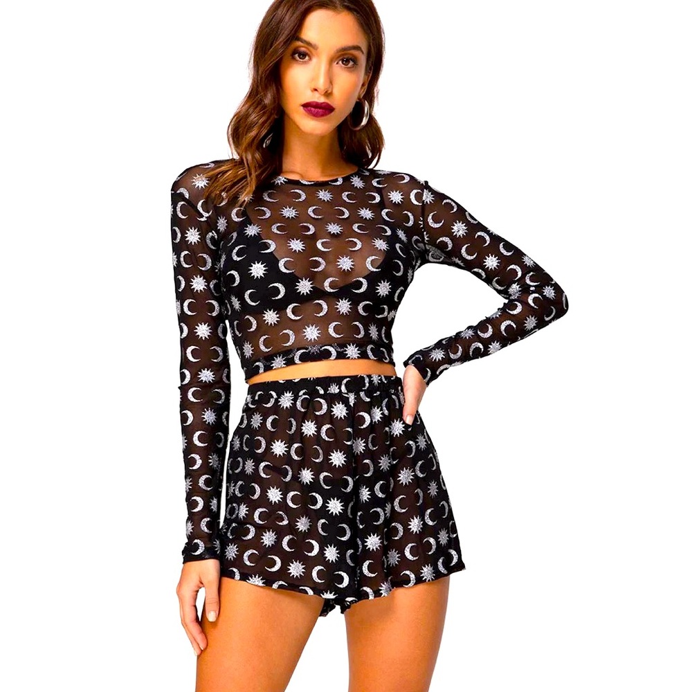 Black Mesh Shorts Sheer Glitter Moon High Waisted Shorts from Motel